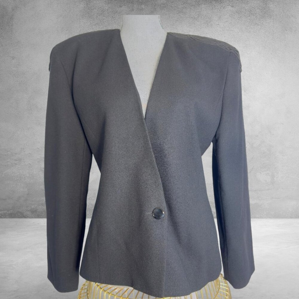 Linda Allard Ellen Tracy 100% Wool Black Fitted Blazer Shoulder Pads Sz 12